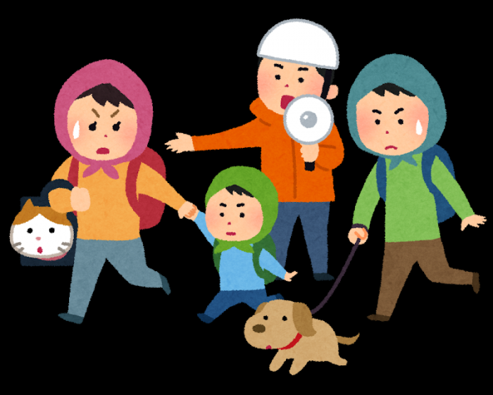 家族が防災頭巾を被って犬を連れ移動しているイラスト