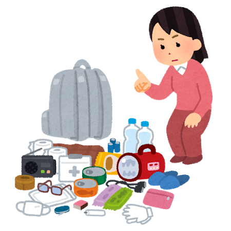 多くの防災グッズを指さし確認する女性のイラスト
