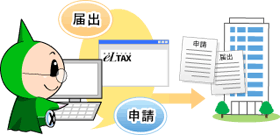 緑の戦隊風のキャラクターがデスクトップパソコンを使ってeLTAXのホームページで届出と申請をして書類をビルに送りつけているイラスト