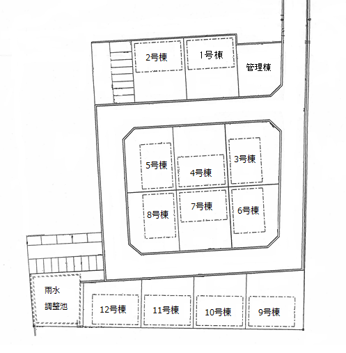 センター内の工場棟全12棟の分譲区画の位置を示した平面図