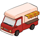 赤いトラックの横ににオレンジ色の屋根がついた移動販売車のイラスト