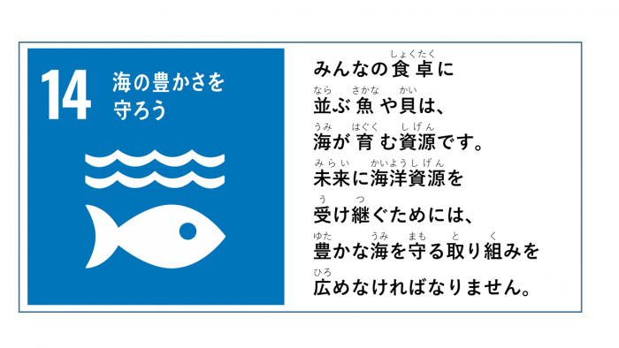 左側にSDGsのゴール14のスローガンとアイコン、右側に課題が記載されたイラスト