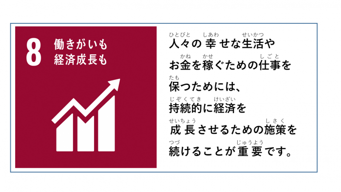 左側にSDGsのゴール8のスローガンとアイコン、右側に課題が記載されたイラスト