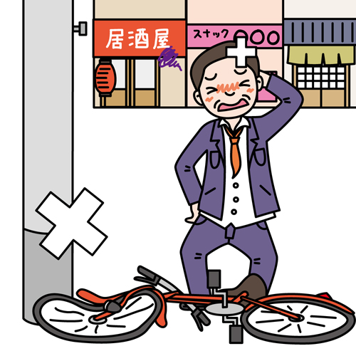 居酒屋手前の電柱にぶつかり、頭を痛める酔った人とタイヤの曲がった自転車が倒れているイラスト