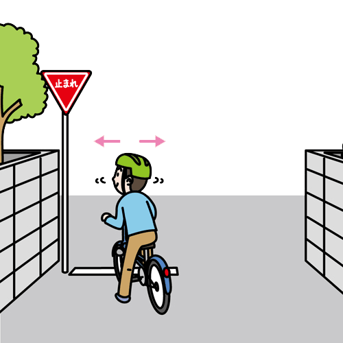 止まれの道路標識の前でヘルメット着用の自転車に乗った人が左右を見ているイラスト
