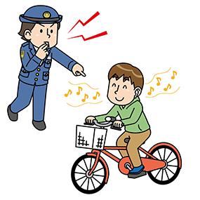 イヤホンで音楽を聴きながら自転車に乗る人に向かって指を差し笛を吹く警察官のイラスト