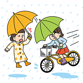 雨の中傘を差して歩く人が傘を差しながら走る自転車が突進して来て驚いているイラスト