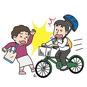 スマホを触りながら自転車に乗っている人が歩行者とぶつかり驚いているイラスト