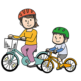 ヘルメット着用した親子が自転車に乗ったイラスト