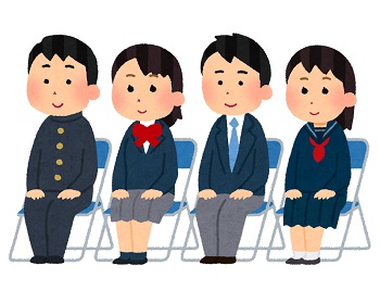 制服を着た4人の生徒がパイプ椅子に座っているイラスト