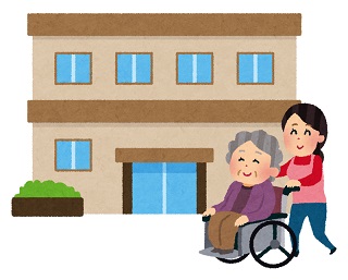 建物の前で車いすを押されている女性のイラスト