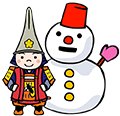 兜をかぶったキャラクターと雪だるまが並んだイラスト