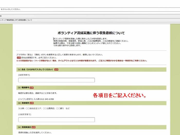 電子申請サービスサイトの各項目入力画面のスクリーンショット画像