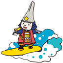先の長く伸びた兜に甲冑を着た人が波乗りをしているイラスト