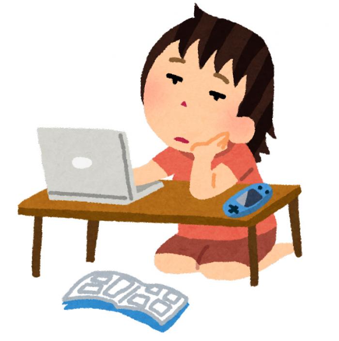 机に向かって座り片肘をつきながらノートパソコンの画面をぼんやりと眺めている女の子を描いたカラーイラスト