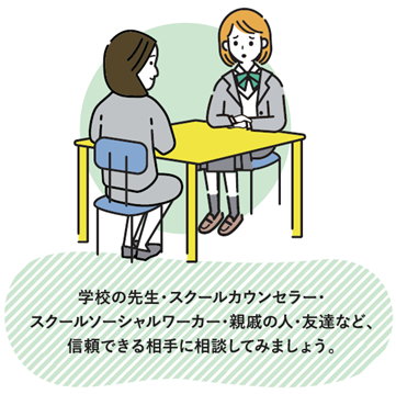 机を挟んで2人の女性が椅子に座っているイラストの下に学校の先生・スクールカウンセラー・スクールソーシャルワーカー・親戚の人・友達など、信頼できる相手に相談してみましょう。と書かれたイラスト