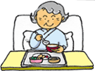 リクライニングベッドの上で、年配の女性がトレーの上の料理を手に取り、スプーンで食べようとしている様子のイラスト