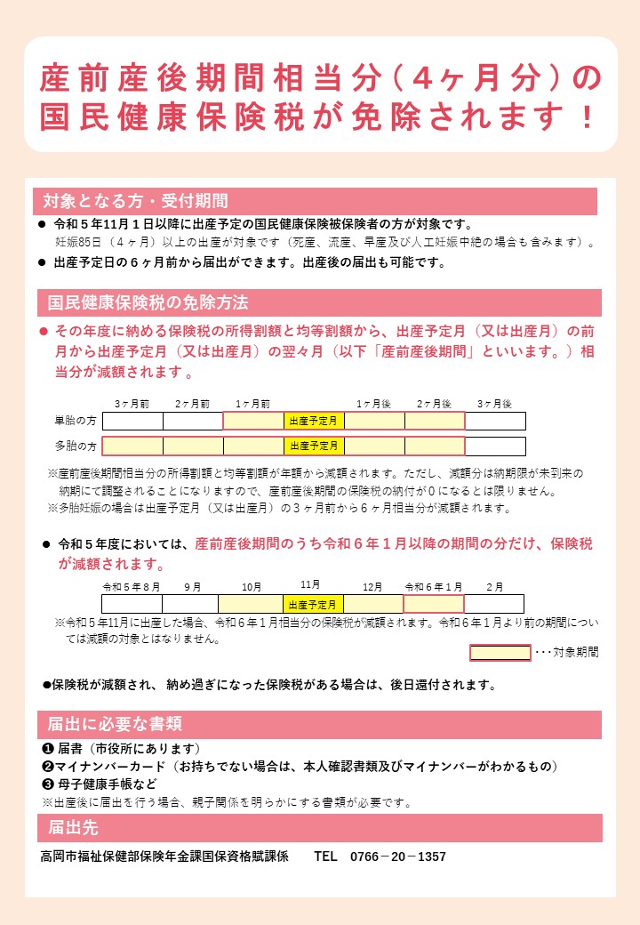 産前産後期間相当分の国民健康保険税の免除についてのリーフレット