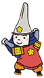 両手を上げる兜を被った二頭身のキャラクターのイラスト