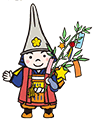 七夕の短冊を持つ兜を被った二頭身のキャラクターのイラスト