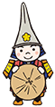 笠を持っている兜を被った二頭身のキャラクターのイラスト