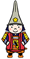 両手を腰に当てた兜を被った二頭身のキャラクターのイラスト