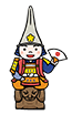 茶色のオブジェに乗って日の丸印の扇子を広げている兜を被った二頭身のキャラクターのイラスト