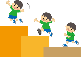 3段の階段、それぞれ1段ずつ緑の服の子が階段を駆け上がっているイラスト