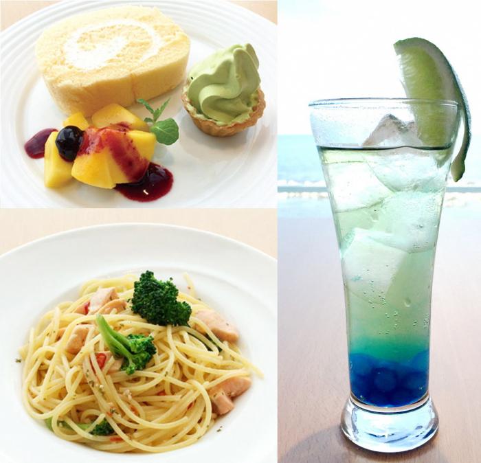 カフェ「ISOMI_TERRACE」で提供されているパスタ、スイーツ、ドリンクのメニュー写真