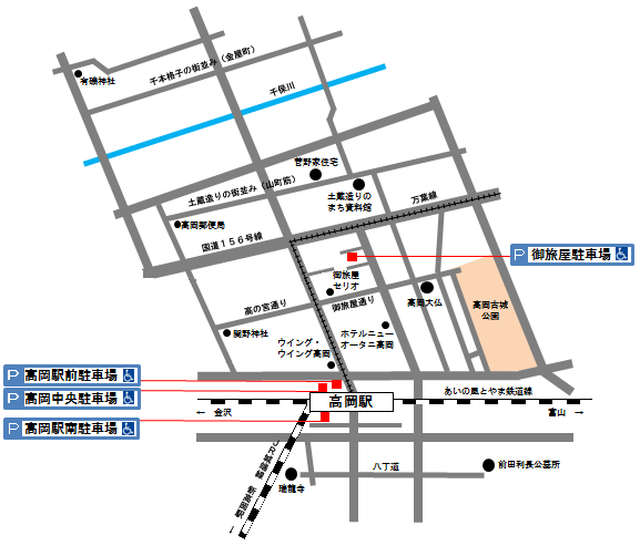 高岡駅周辺の各駐車場の位置を示した地図