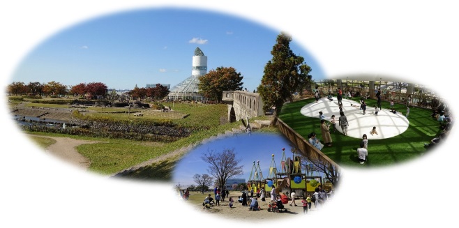 子供たちが遊んでいる公園や奥にある塔を3つの楕円形に切り取った写真