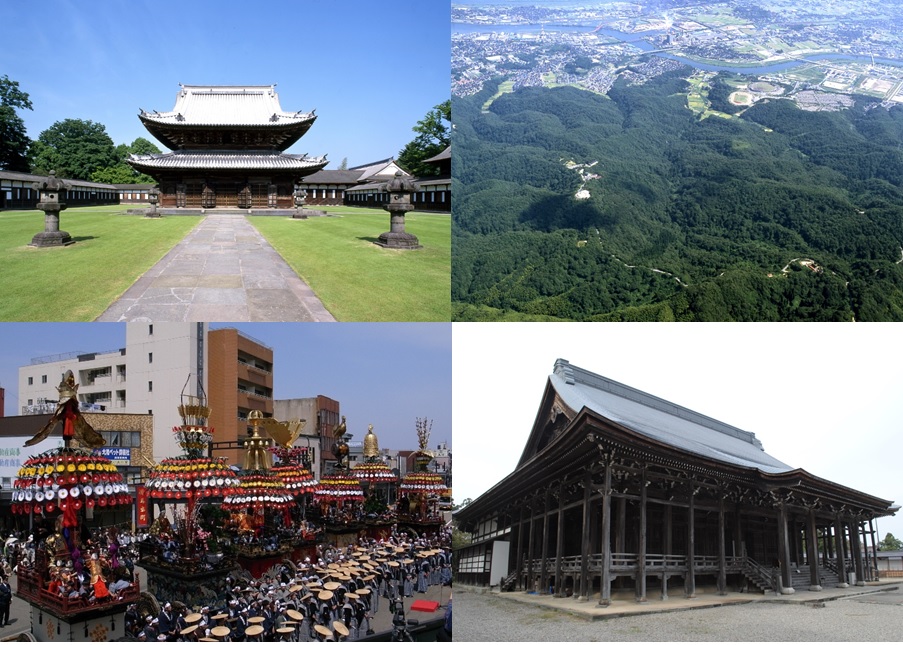 国宝瑞龍寺、二上山からの眺め、高岡御車山祭、国宝勝興寺の写真