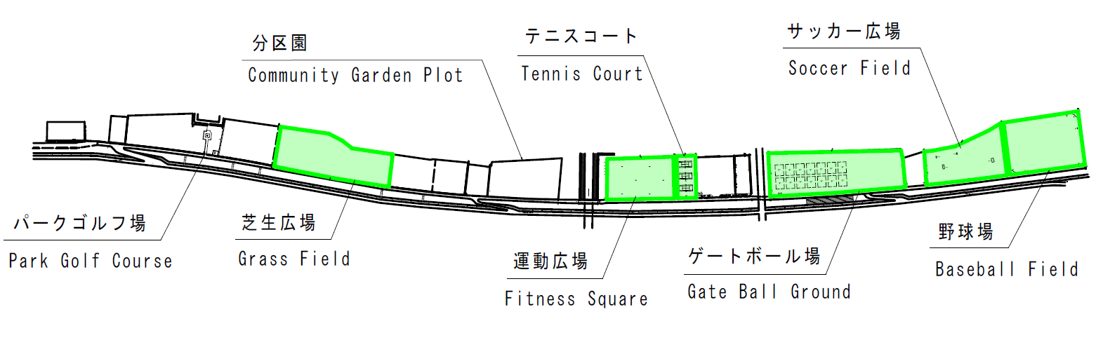 高岡庄川緑地公園内の各施設の場所を示した位置図 詳細は以下