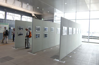 氷見線全線開通100周年の記念事業で展示されているものを見学している人たちの写真