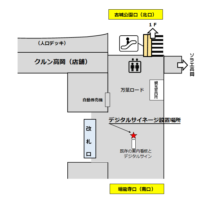 高岡駅のデジタルサイネージ設置場所の案内図