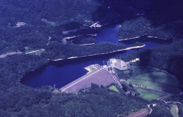 緑豊かな木々に囲まれたダムを空から撮った写真
