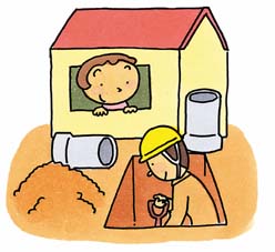家の前で作業員が穴を掘っているイラスト