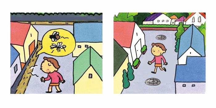 住宅地の側溝が汚れ虫が湧き顔をしかめる人のイラストと、住宅地を笑顔で歩く人のイラストが並んでいるイラスト