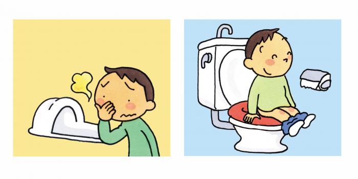 和式便器の前で鼻をつまむ男の子のイラストと、洋式便器に腰掛けて笑顔な男の子のイラストが並んでいるイラスト