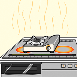 電磁調理器具の上に置かれて加熱されているカセットコンロのイラスト