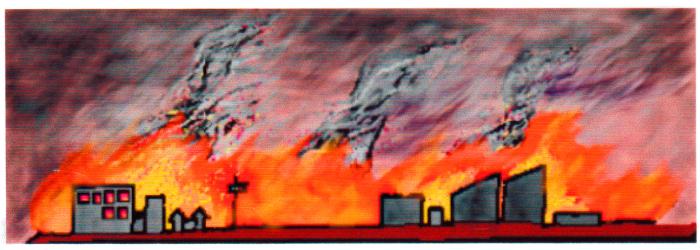 町の建物一帯が火事で燃えているイラスト