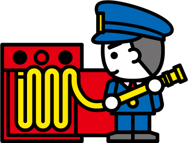 赤い消防用設備からホースを取り出す人物のイラスト