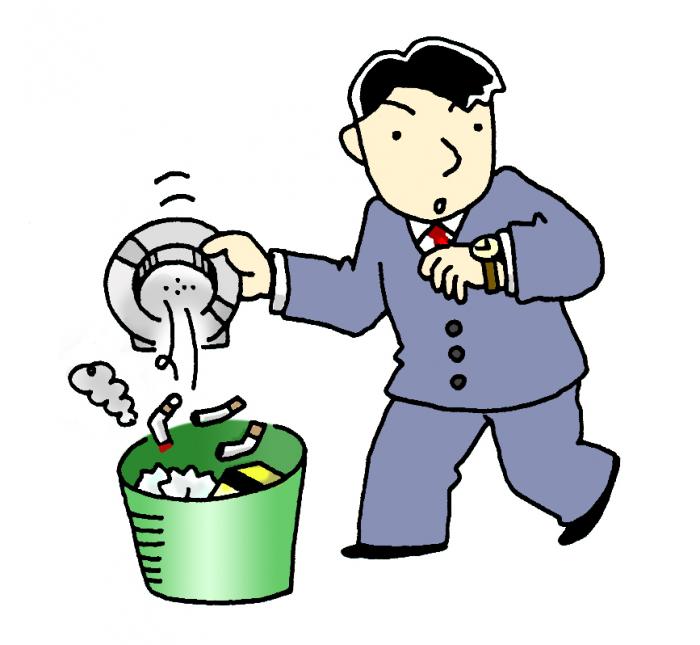 灰皿からゴミ箱へ捨てたタバコから煙が出ているイラスト