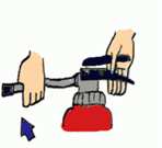 消火器のホースを持ち、レバーに手を添えているイラスト