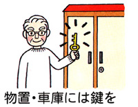 鍵付きドアの物置の前で、鍵を持って見せる男性のイラスト