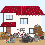 家屋の周りに自転車やタンス、タイヤ、テレビ、壊れた電子レンジ、段ボール箱やゴミが乱雑に置かれているイラスト