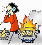 火が出ている天ぷら鍋に背を向け電話をする女性のイラスト