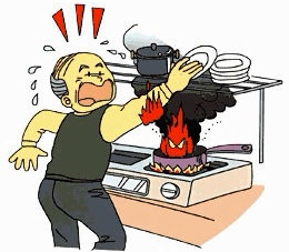 出火した鍋から服に燃え移って慌てている男性のイラスト