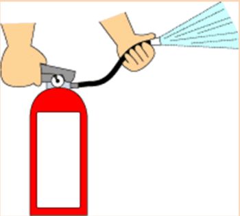 消化器から伸びたホースを持ち、消火薬剤を放出しているイラスト