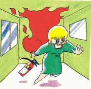 女性の後ろに大きく燃え上がる炎と消火器があるイラスト